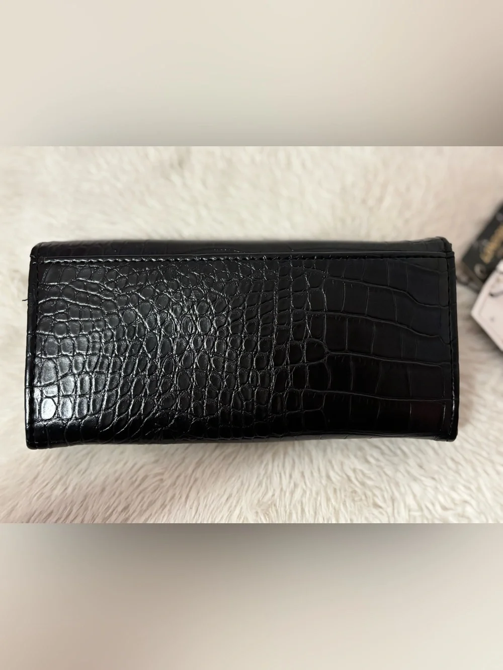 London Fog Black Croc-Embossed Clutch with Gold Logo Plaque